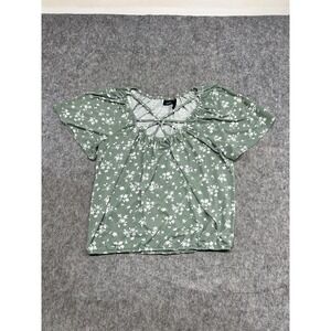 Daytrip Shirt Womens L Green Floral Flutter Sleeve Keyhole Strap Top Casual